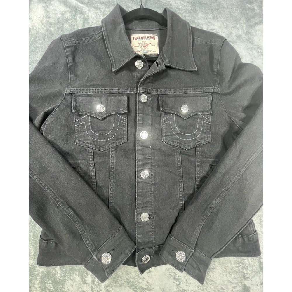True Religion Jacket XL Black Denim Trucker Logo Y2K Western Gorpcore Retro Snap